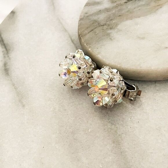 Vintage Signed Hobe Earrings AB Crystal Faceted Beads Clip On Silver Toned - Picture 2 of 8